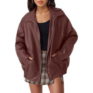 Women's Faux Wine Red Leather Fabric Jacket Coat Style Winter Zipper Closure